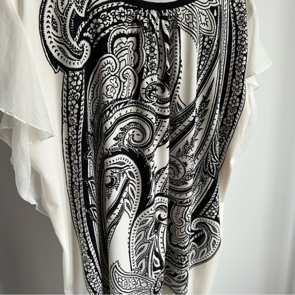 QED London Boho Tunic Top Dress White Black Paisley Flutter‎ Ruffle Sleeves - L - Picture 8 of 14